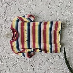 Obey Charlie Box Fuchsia & Multi Stripe T-Shirt Size Medium